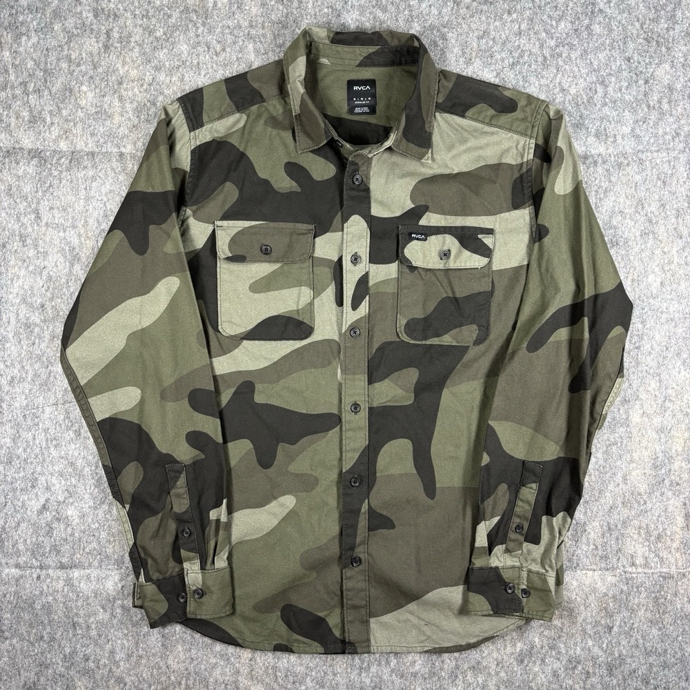 RVCA Shirt Men's Medium Long Sleeve Camouflage Green‎ Flannel Surf Skate AVYWT